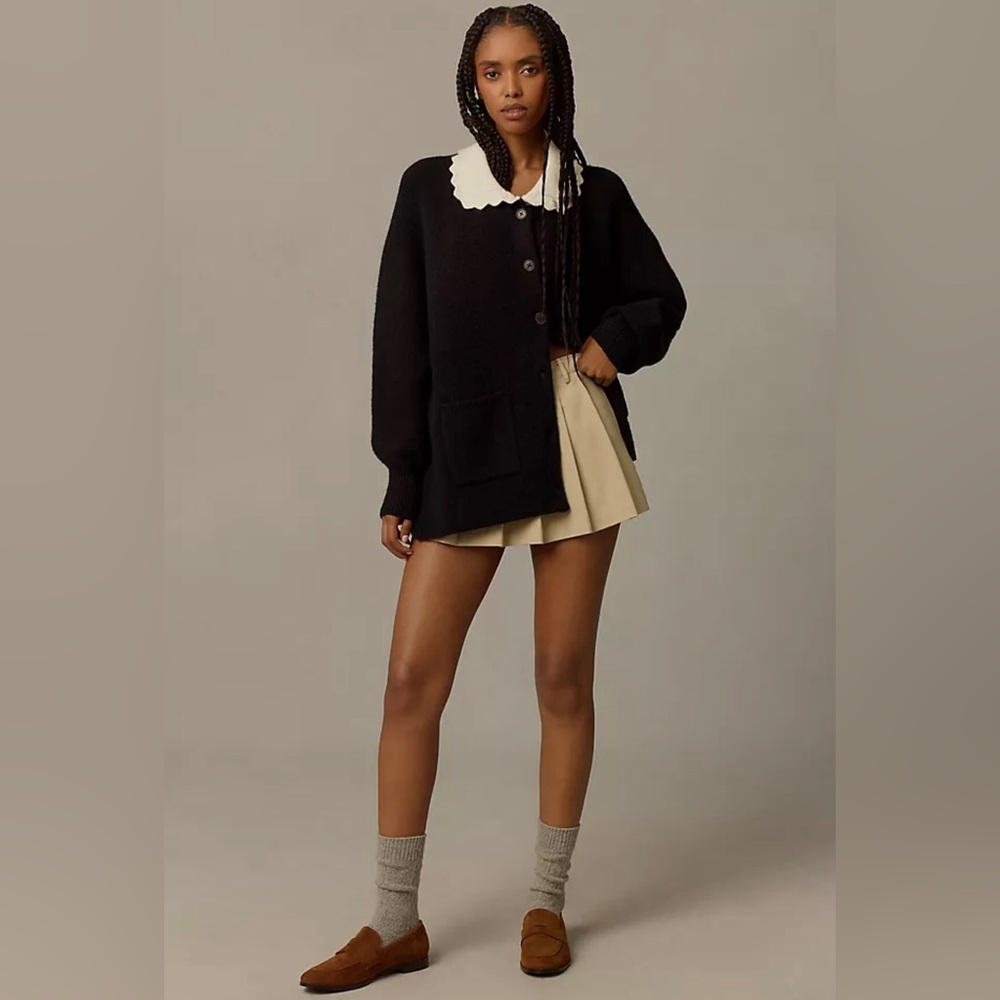 ANTHROPOLOGIE MAEVE Scallop-Collar Cardigan Sweater Black Women’s Size Small